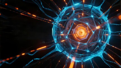 Abstract digital tunnel with glowing blue and orange energy lines converging toward a central hexagonal light source