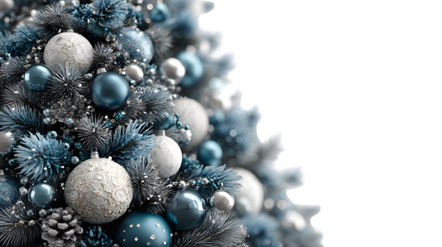 Elegant silver and blue Christmas ornaments adorn frosted tree branches, holiday cheer