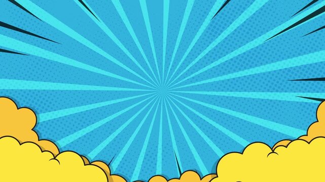 Dynamic retro pop comic animation background with radial burst and dotted texture, featuring playful cartoon clouds. Perfect for fun intros, kids content, and nostalgic comic style projects