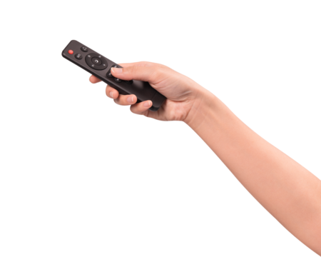 Hand holding remote control isolated on isolated on transparent PNG.	