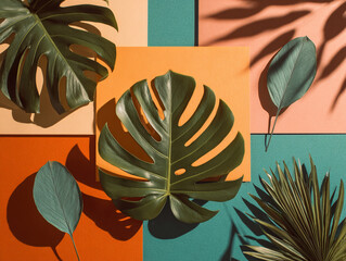 Painted palm fronds hot pink turquoise on pastel backgrounds realistic photograph