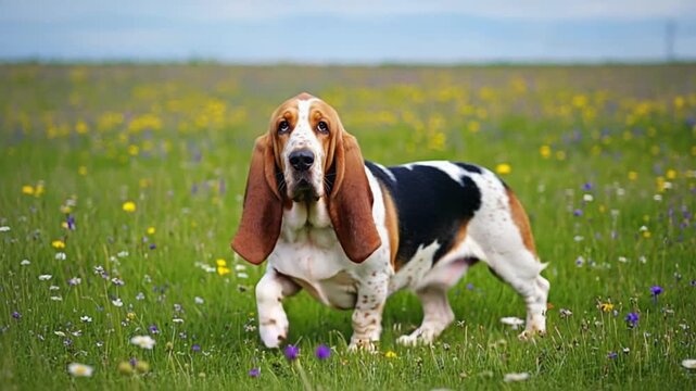 Basset hound standing in a field of flowers looking forward with long ears and a cute expression dog video