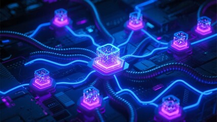 Neon-lit circuit board with glowing nodes and interconnected pathways