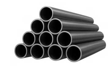 Metal pipes stacked in a triangular pattern, steel tubes for industrial pipeline construction, isolated on transparent background