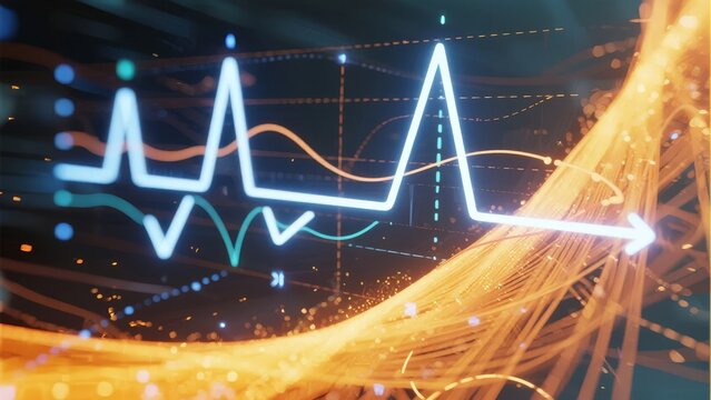 Digital representation of a heartbeat waveform with glowing lines and data visualization elements on a futuristic background