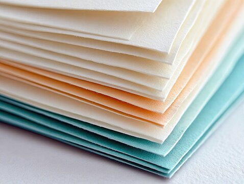Close-up of a stack of colorful paper sheets, with a variety of pastel colors. Soft lighting highlights the textures and layers.