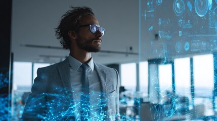 Innovative Businessman Analyzing Futuristic Data Visualization in a Modern Office Environment to Drive Strategic Decisions