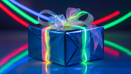 Modern technology-themed holiday concept. Shiny package wrapped in fiber optic light bow. Abstract cyber celebration design.