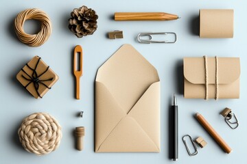 Overhead shot of various stationery and craft supplies including a pen, envelope, and gift box arranged on a blue surface.