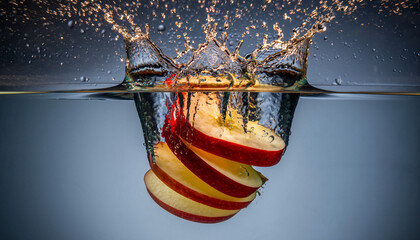 A vibrant image captures sliced apples plunging into water, creating a dynamic splash with droplets and ripples against a blue backdrop.