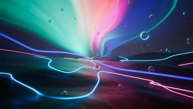 Abstract neon landscape with colorful light streams and floating orbs in a cosmic environment