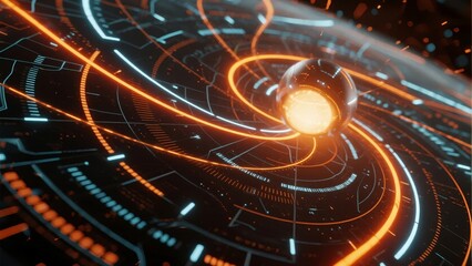 Futuristic digital interface with glowing orange circuits and a central illuminated sphere