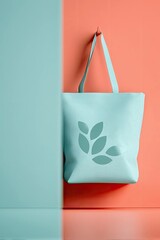 A light blue tote bag with a leaf design hanging against a coral and teal background. The image has a minimalist and modern aesthetic.