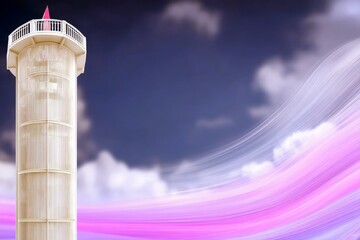 A tall tower structure with a pink flag against a blurred abstract sky background with clouds and pink waves.