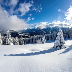 Snowy mountain view with fir trees