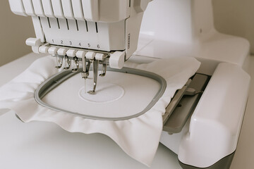 A high-resolution close-up of a multi-needle embroidery machine stitching a white circular pattern onto fabric. The image showcases the precision of modern textile technology, with visible needles