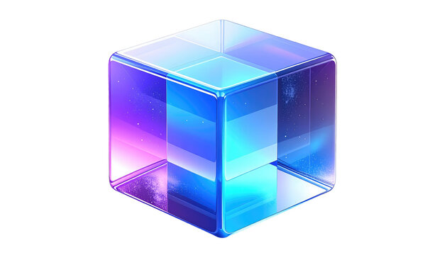A translucent blue-purple cube with internal starscape on a black background, soft edges, and a slightly isometric view