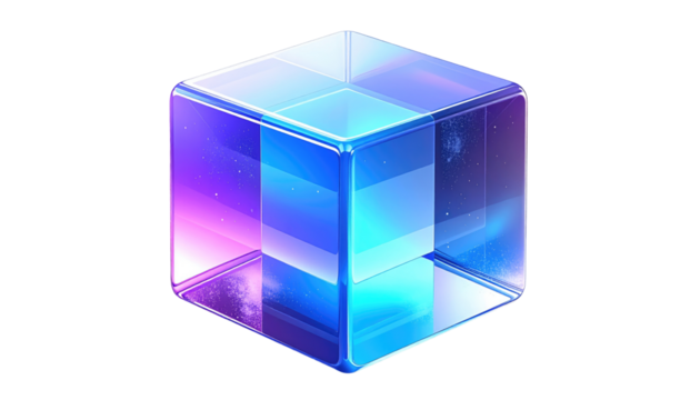 A translucent blue-purple cube with internal starscape on a black background, soft edges, and a slightly isometric view - Powered by Adobe
