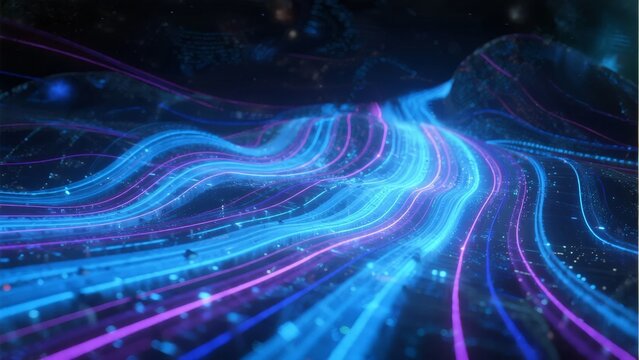 Abstract digital wave patterns with glowing blue and purple lines in a futuristic space environment