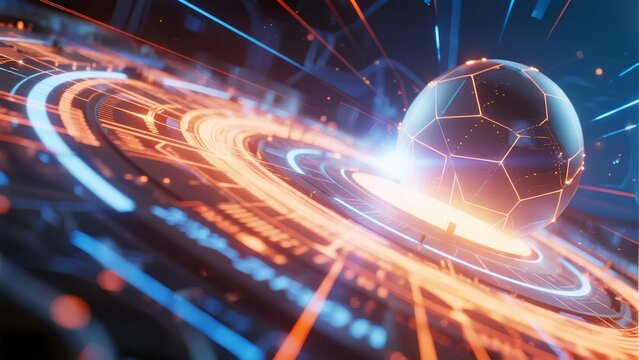Futuristic digital sphere surrounded by glowing rings and data streams in a high-tech environment - Powered by Adobe