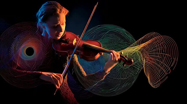 Young female violinist playing instrument with colorful abstract neon sound wave spirals and geometric lines animation overlay representing music visualization