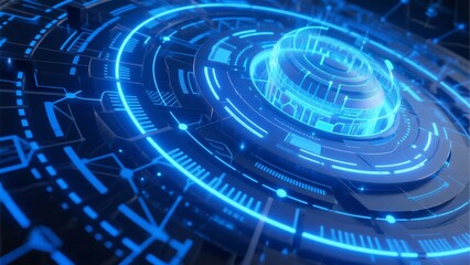 Futuristic digital interface with glowing blue circuit patterns and concentric rings
