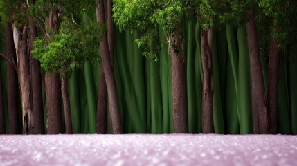 A forest scene with trees, a pink ground, and a green background. The lighting is natural.