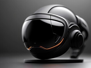 A futuristic VR headset in black, resting on a stand against a dark gray background. The design is sleek and modern.