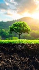 Cross-section tree roots, sunlight