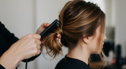 Fototapeta premium Professional Hairstylist Combing and Styling Womans Brown Hair with Highlights