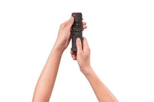 Hand holding remote control isolated on isolated on transparent PNG.	