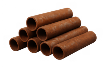 Stack of old rusty metal pipes arranged in a pyramid, representing industrial infrastructure and wear