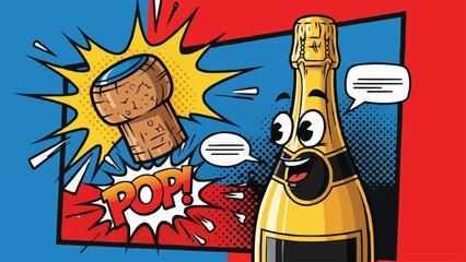 Champagne bottle character with cork pop comic style illustration.