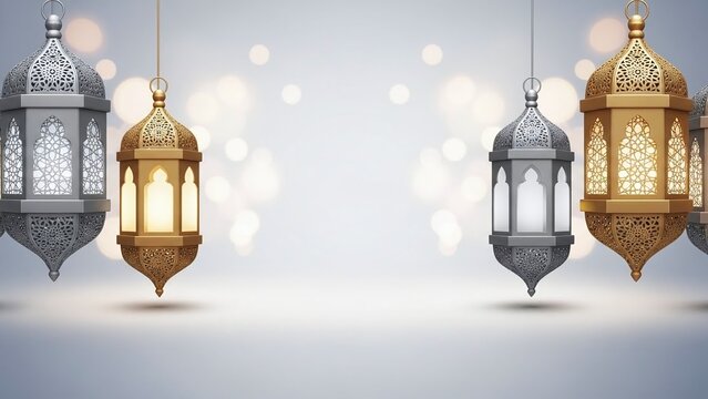 Elegant Ramadan lanterns with a festive glow, perfect for your holiday greetings and designs celebrating Eid Mubarak and the spirit of Ramadan Kareem - Powered by Adobe