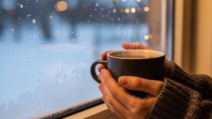Cozy winter scene of person holding steaming mug looking out at snowy window, perfect for holidays, relaxation, and seasonal themes