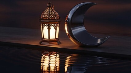 Ramadan Kareem celebration with glowing lantern and crescent moon reflecting on water, creating a peaceful and spiritual atmosphere during the holy month