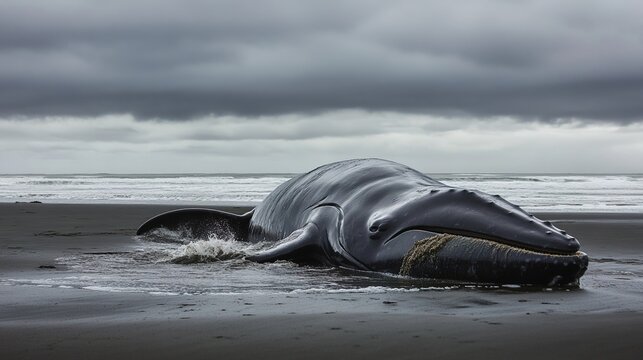 motherliness. Beached whale with tail fin splashing in shallow water under overcast sky. wildlife magazines, conservation campaigns, designed for eco-tourism storytelling.