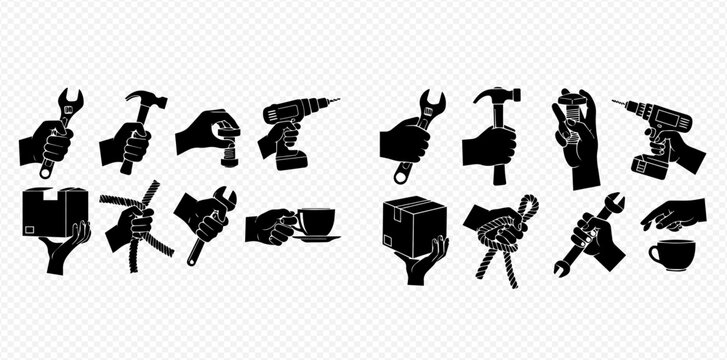 Set of black silhouette hands holding various work tools and everyday objects like a wrench, hammer, drill, pliers, box, and coffee cup.