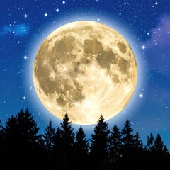 Full moon over silhouetted forest trees