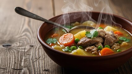 Wholesome beef and vegetable soup steaming hot in a rustic bowl on a wooden table, perfect for cold winter evenings and healthy eating promotions
