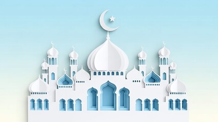 Fototapeta premium Celebrate Ramadan with this elegant mosque design, perfect for greeting cards and festive backdrops, conveying peace and serenity for the holy month