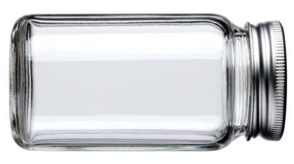 Empty clear rectangular glass jar with closed silver ribbed metal lid lying horizontally, transparent background