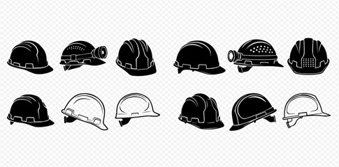 A collection of black and white hard hat safety helmets for construction and mining workers.