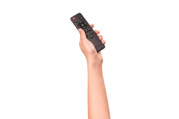 Hand holding remote control isolated on isolated on transparent PNG.	