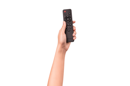 Hand holding remote control isolated on isolated on transparent PNG.	