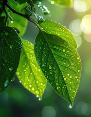 Water drops on green leaves, bokeh