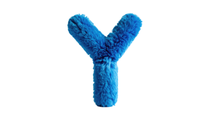 A fluffy, azure letter 'Y' against a stark, black backdrop, soft & vibrant in its vivid, furry texture