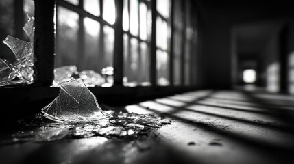 universalism. A broken glass pane with the blurred shadow of prison bars behind it. wellbeing guides, coaching materials, designed for mental health education and mindfulness programs.