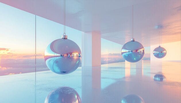 Polished festive ornaments reflecting a tranquil winter sunrise over a cloudscape, gracefully suspended in a minimalist modern room, creating an ambiance of peaceful elegance