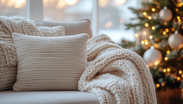 A comfortable and cozy sofa with soft knitted pillows and a warm blanket, creating a perfect hygge atmosphere for Christmas morning